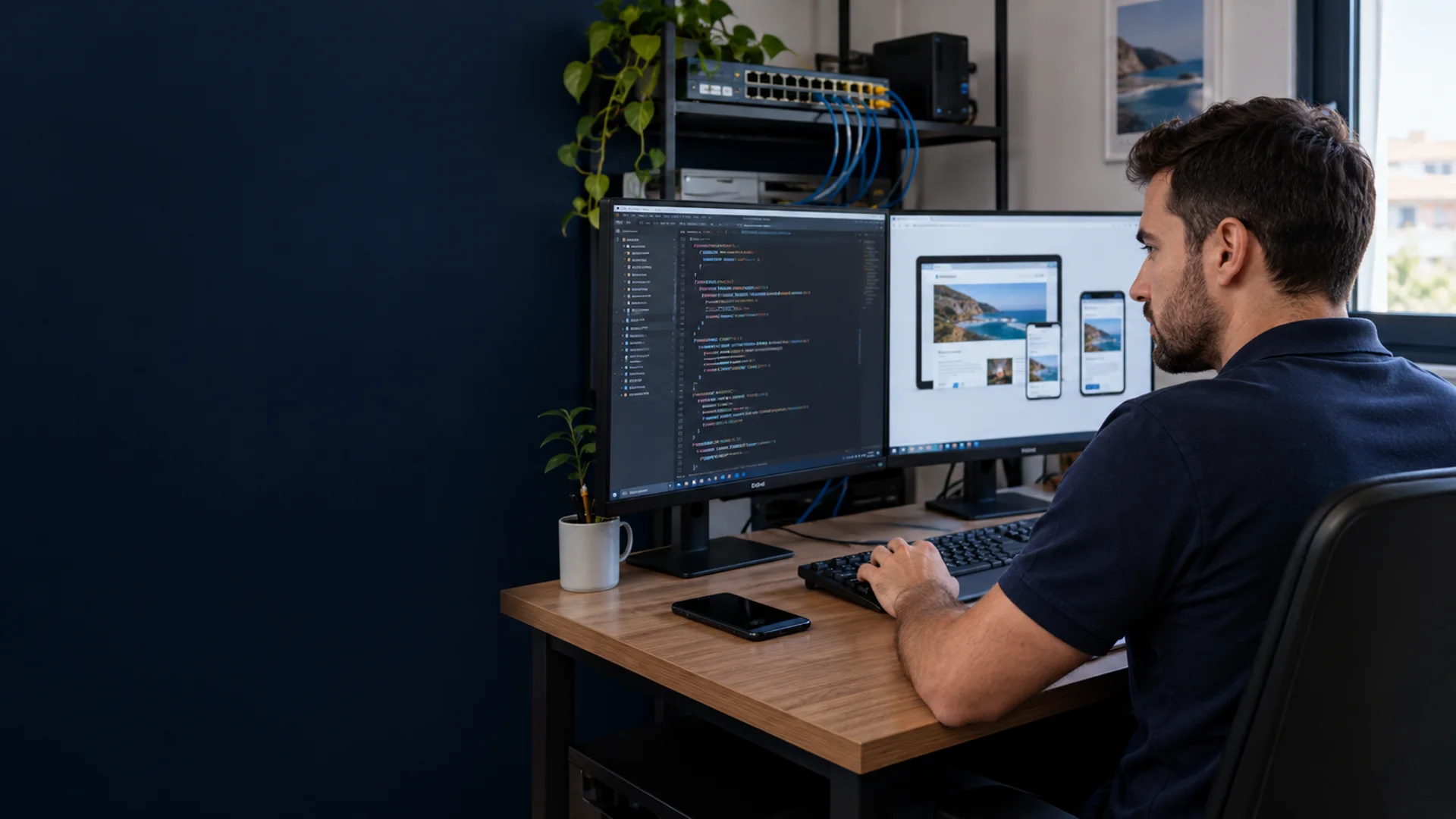 Desarrollador probando una página web en ordenador, tableta y móvil