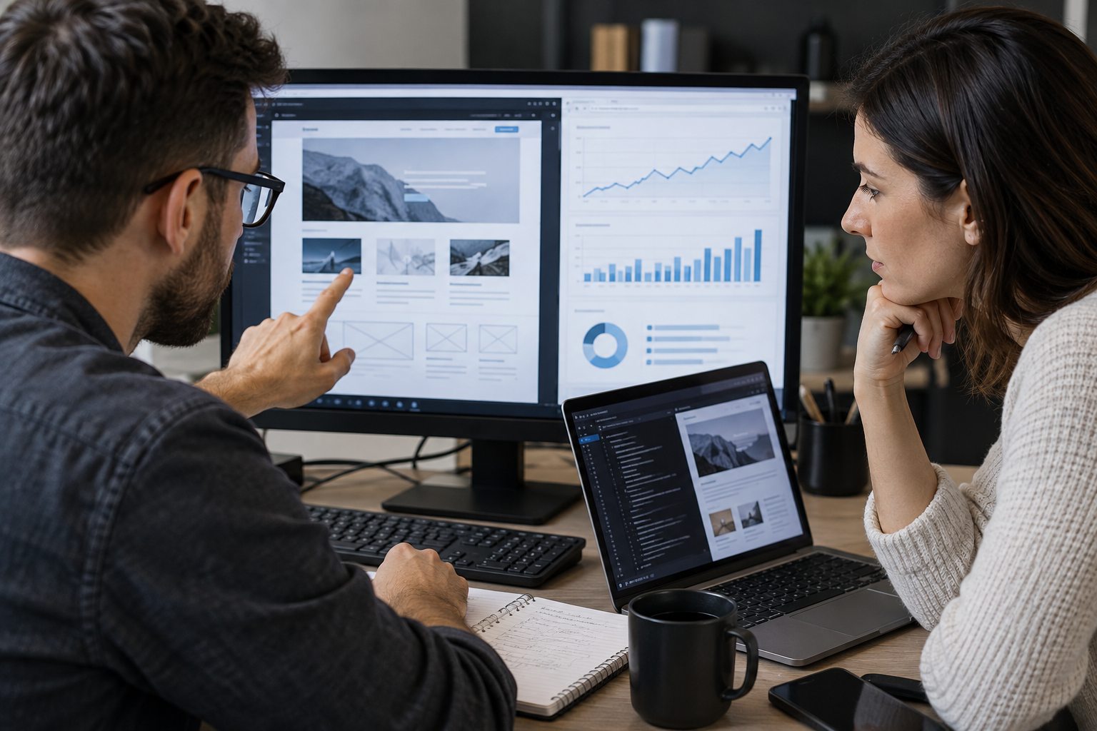 Especialista revisando el diseño y resultados de una web