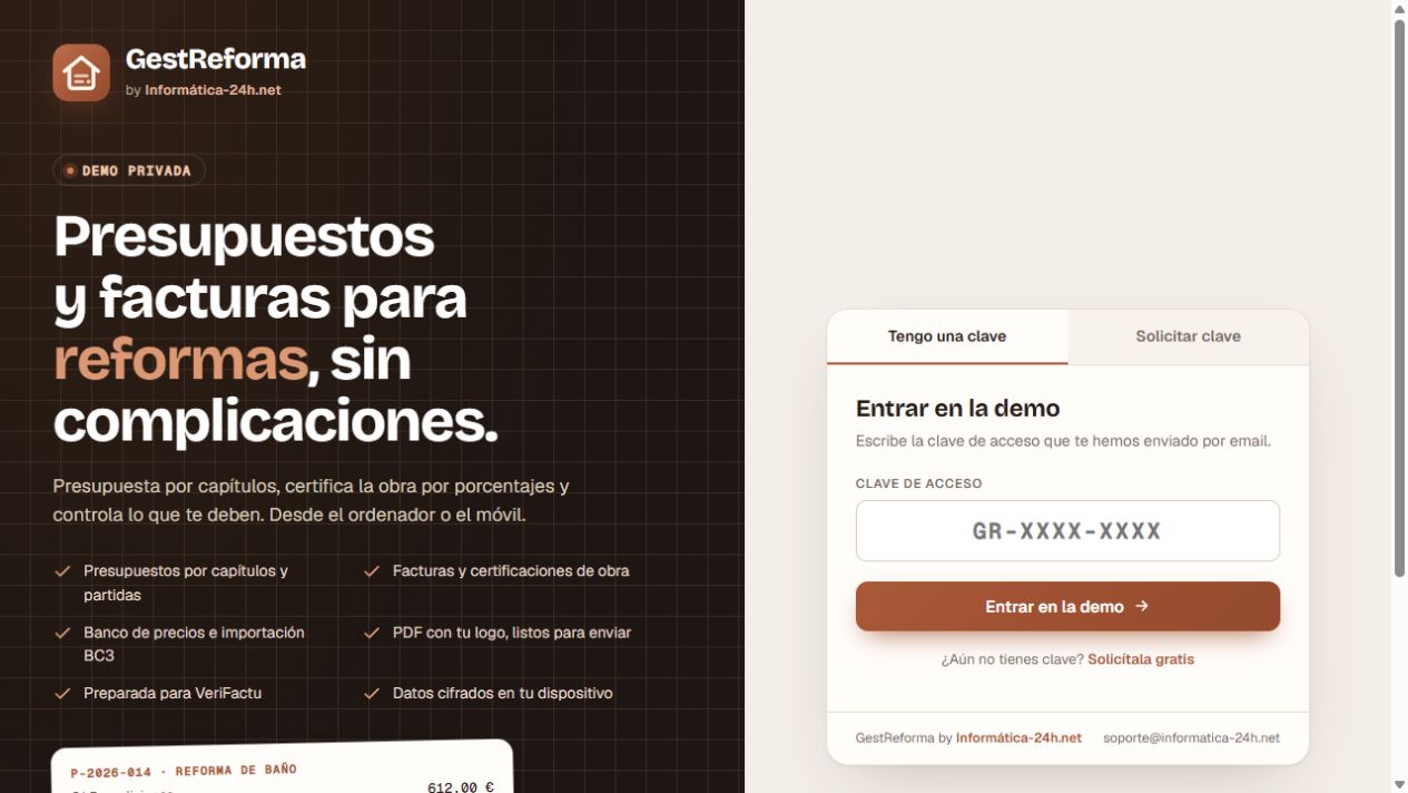 Pantalla pública de acceso a la demo privada de GestReforma